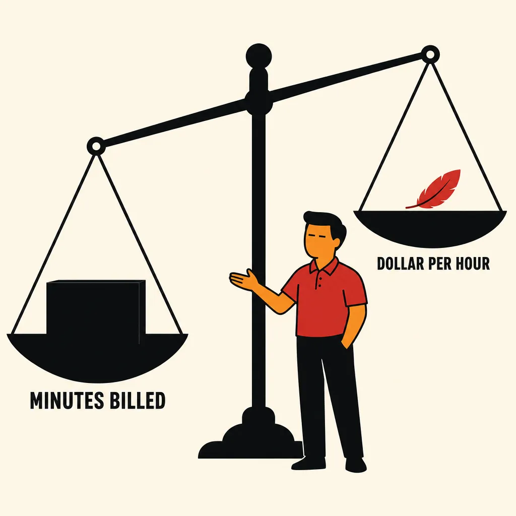 Flat illustration in the same style as the site logo: warm cream background, bold black outlines, limited red and orange palette. A large black balance scale. The left pan hangs low under one heavy solid black block, captioned MINUTES BILLED. The right pan floats high holding a single tiny crimson red feather, captioned DOLLAR PER HOUR. A worker figure with short black hair, crimson red polo, warm orange skin, and closed serene eyes stands beside the scale gesturing at it.