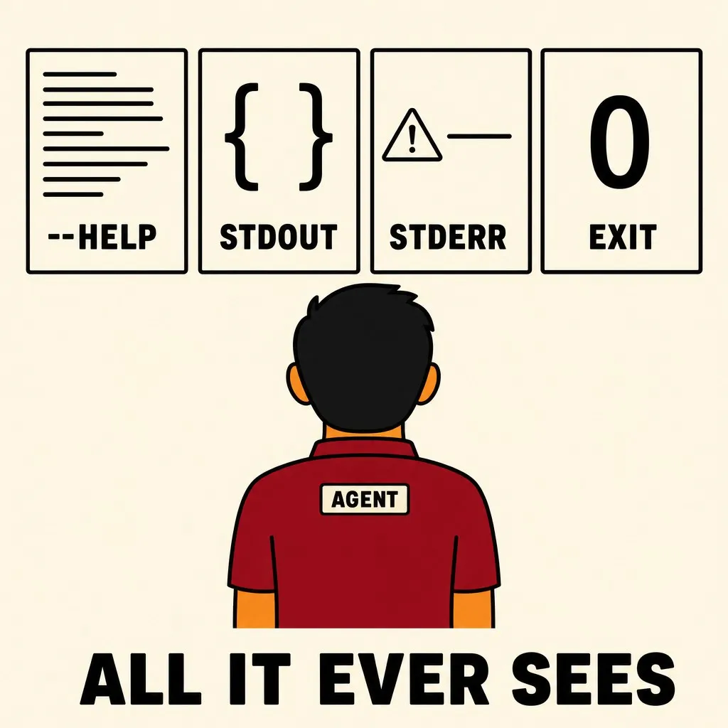 Flat illustration in the site's avatar-logo style. An avatar seen from behind, with a tag on its shirt reading AGENT, faces a bare wall holding exactly four framed panels: lines of text labelled --HELP, a pair of curly braces labelled STDOUT, a warning triangle labelled STDERR, and a large zero labelled EXIT. Caption: ALL IT EVER SEES.