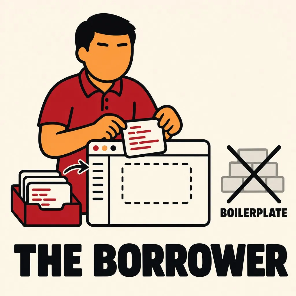 Flat illustration in the site&#x27;s avatar-logo style. An avatar moving a code snippet by hand into an editor, with a crossed-out stack of bricks labelled boilerplate.