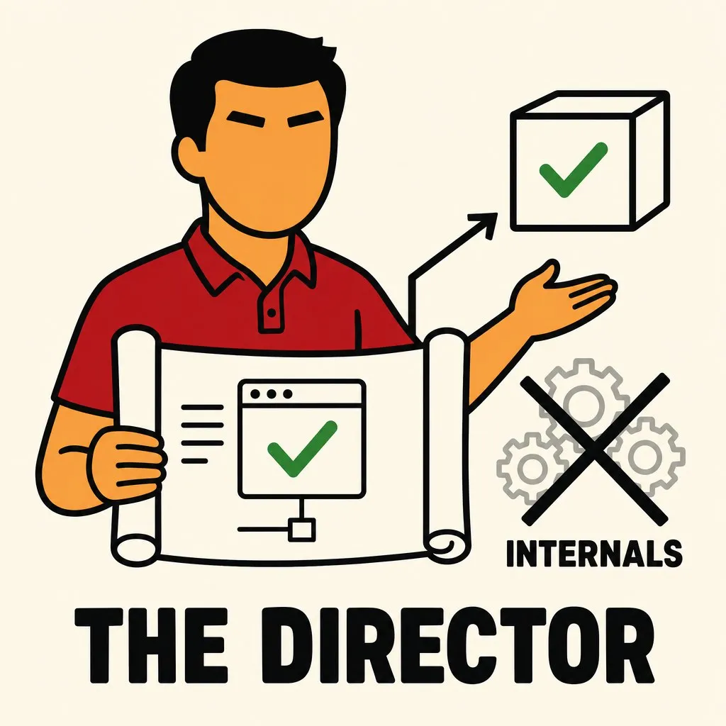Flat illustration in the site&#x27;s avatar-logo style. An avatar holding a blueprint beside a running app with a green check, with crossed-out gears representing the internals.