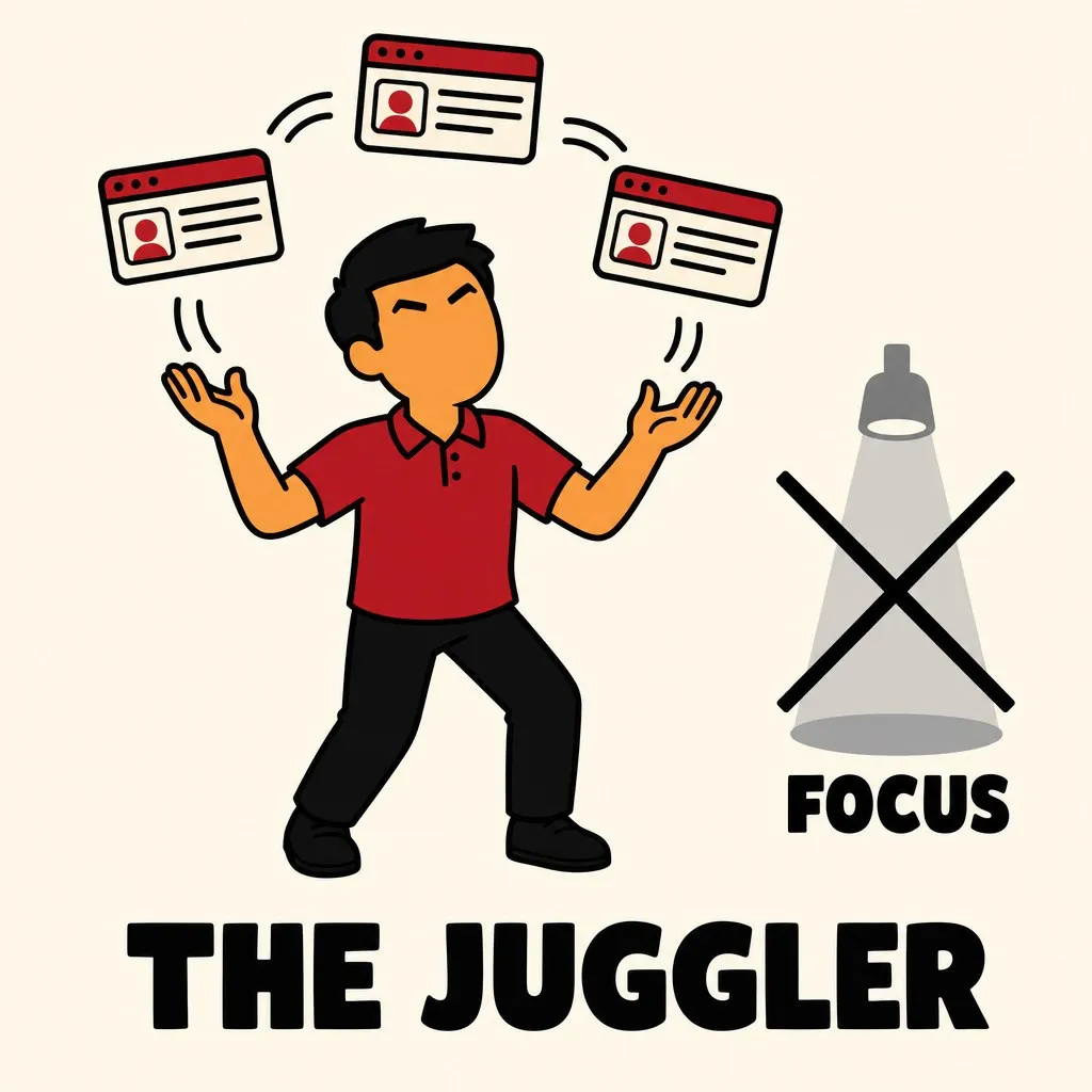 Flat illustration in the site&#x27;s avatar-logo style. An avatar juggling three floating session windows, with a crossed-out spotlight representing focus.