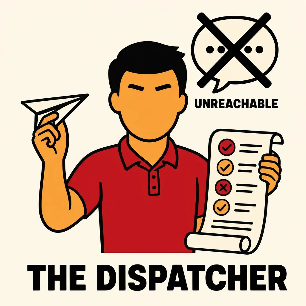 Flat illustration in the site&#x27;s avatar-logo style. An avatar launching a paper-plane job and reading a log scroll, with a crossed-out speech bubble marked unreachable.