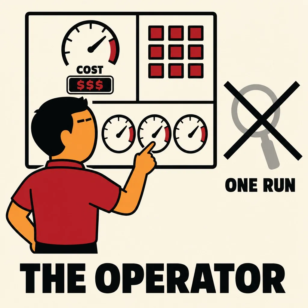 Flat illustration in the site&#x27;s avatar-logo style. An avatar facing a wall of gauges, a cost meter and a herd grid, with a crossed-out magnifying glass marked one run.