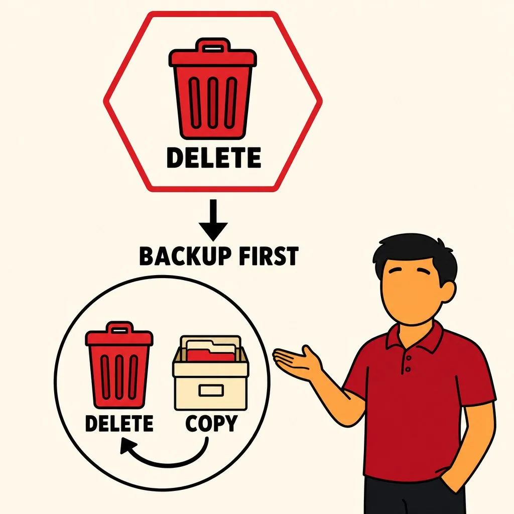 Flat illustration in the same flat avatar logo style as the rest of the site: warm cream background, bold black outlines, deep red and warm orange palette. Two stacked panels joined by an arrow labeled BACKUP FIRST. The top panel shows a trash can labeled DELETE glowing inside a warning hexagon. The bottom panel shows the same trash can labeled DELETE sitting calmly in a plain circle beside a filing box labeled COPY, with an undo-arrow looping between them, an operator avatar standing beside it at ease.