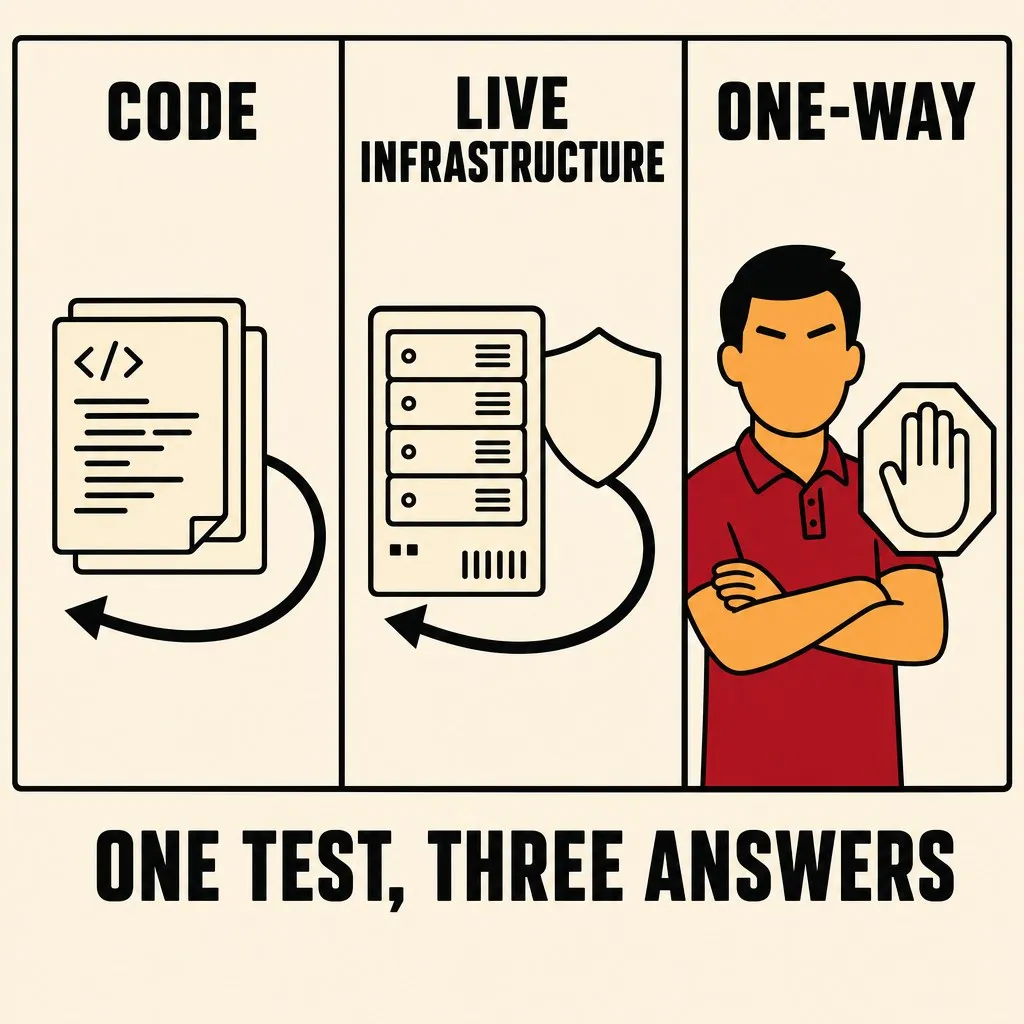 Flat illustration in the same flat avatar logo style as the rest of the site: warm cream background, bold black outlines, deep red and warm orange palette. Three vertical panels side by side. The left, labeled CODE, holds a stack of pages with an undo-arrow looped around it. The middle, labeled LIVE INFRASTRUCTURE, holds a server rack with the same undo-arrow and a shield behind it. The right, labeled ONE-WAY, holds an operator avatar with arms crossed standing beside a large stop-hand icon. A caption below reads ONE TEST, THREE ANSWERS.