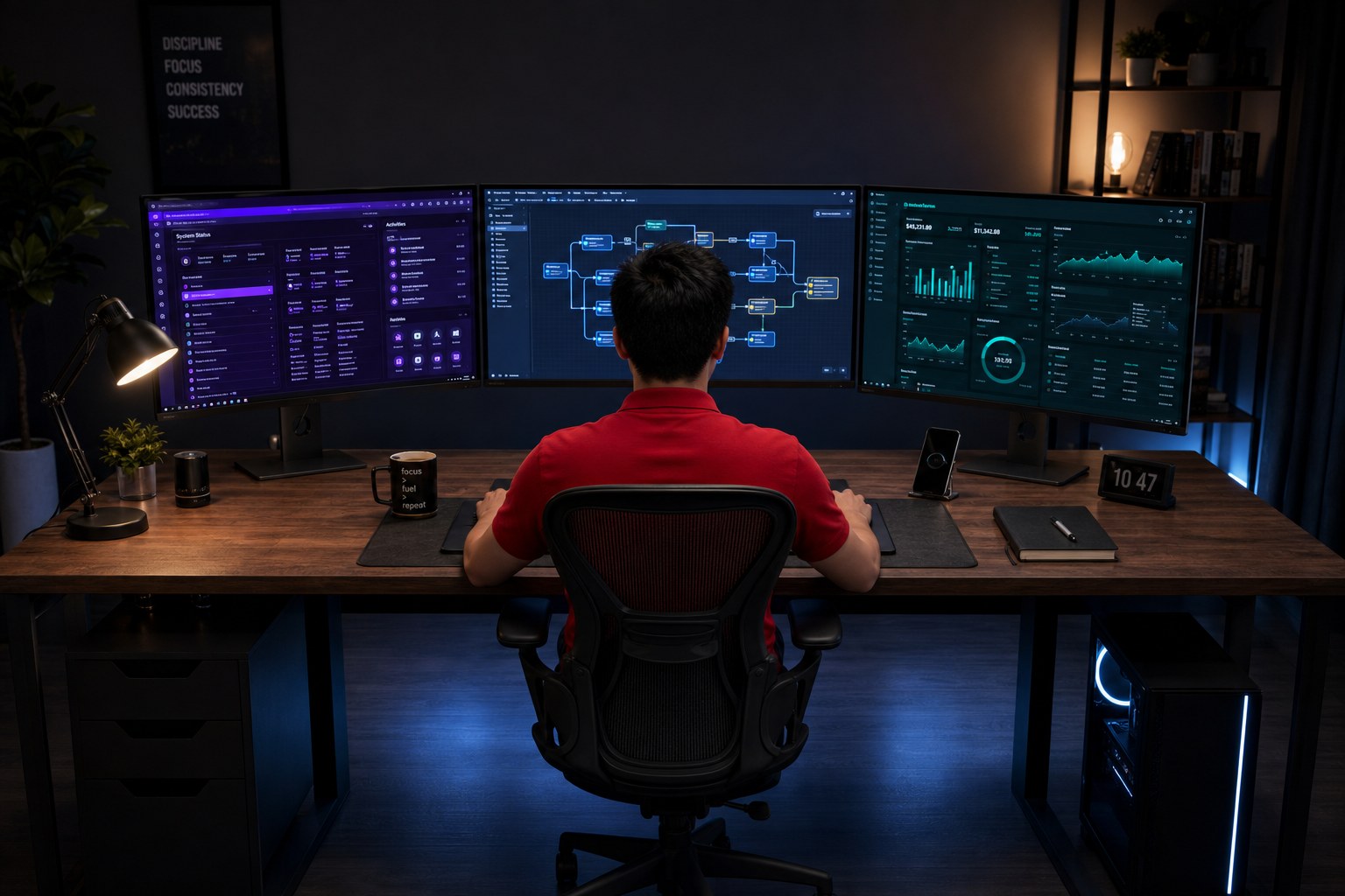 Jed Arden at a triple-monitor desk in a red polo